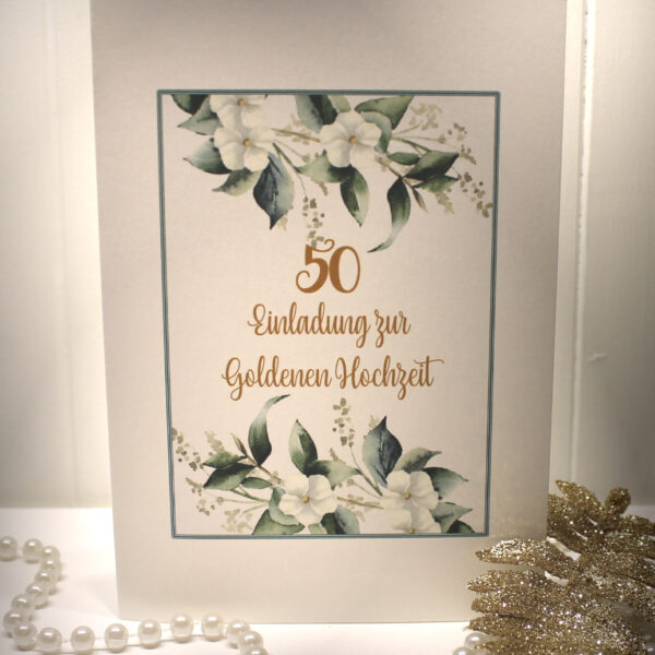 Einladungskarte "Blumen weiss" für Ihre Goldene Hochzeit incl. Umschlag Design GO 01