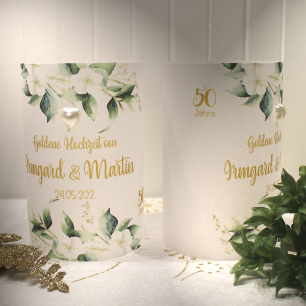 Lichthülle, Windlicht Pergament zur goldenen Hochzeit "Blüten weiss" mit Perlenherz Design GO01 WL