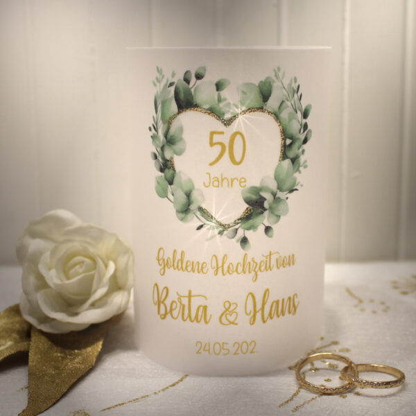 Lichthülle, Windlicht Pergament zur goldenen Hochzeit "Eukalyptusherz" mit Goldglitter Design GO03 WL