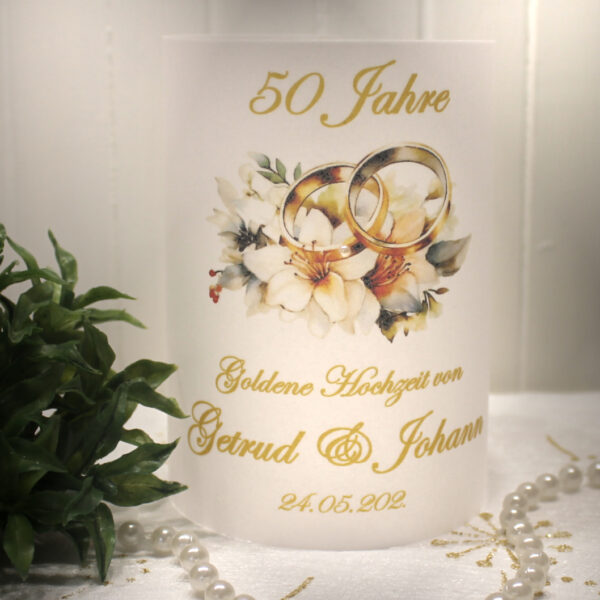 Lichthülle, Windlicht Pergament zur goldenen Hochzeit "Ringe" mit Perle Design GO04 WL