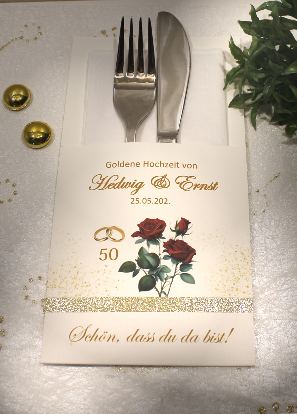 Bestecktasche zur goldenen Hochzeit "Rose bordeauxrot" sehr edel Design GO07 BT