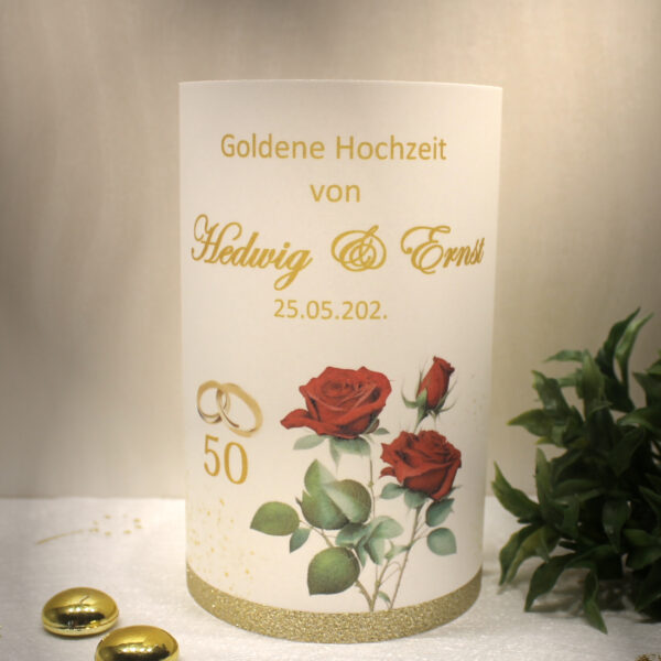 Lichthülle, Windlicht Pergament zur goldenen Hochzeit "Rose bordeauxrot" Design GO07 WL