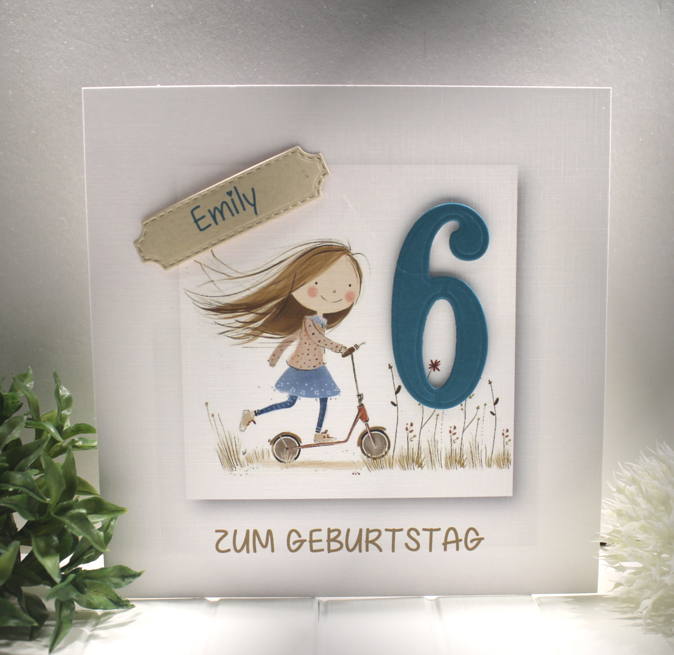 Glückwunschkarte zum Geburtstag Mädchen, Roller mit Personalisierung und auf Wunsch als Geldgeschenk Design 140