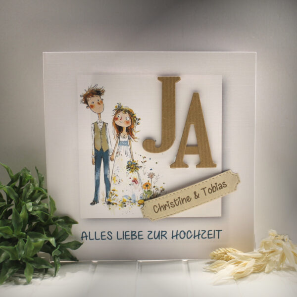 Glückwunschkarte zur Hochzeit, Brautpaar "JA" mit Personalisierung und auf Wunsch als Geldgeschenk Design 141