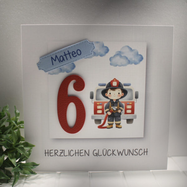 Glückwunschkarte zum Geburtstag Junge, Feuerwehrmann mit Personalisierung und auf Wunsch als Geldgeschenk Design 147