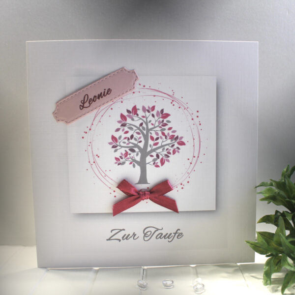 Glückwunschkarte zur Taufe oder Geburt "Lebensbaum rosa" mit Personalisierung und auf Wunsch als Geldgeschenk Design 148
