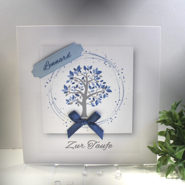 Glückwunschkarte zur Taufe "Lebensbaum blau" mit Personalisierung und auf Wunsch als Geldgeschenk Design 149