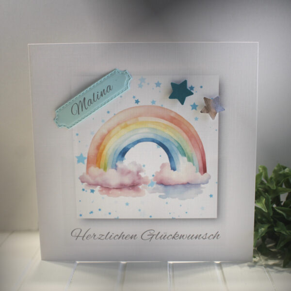 Glückwunschkarte Regenbogen zur Taufe oder Geburt, mit Personalisierung und auf Wunsch als Geldgeschenk Design 152