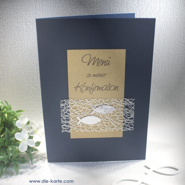 Bastelset DIY Menükarte zur Konfirmation, Kommunion oder Taufe „blau" Design K02
