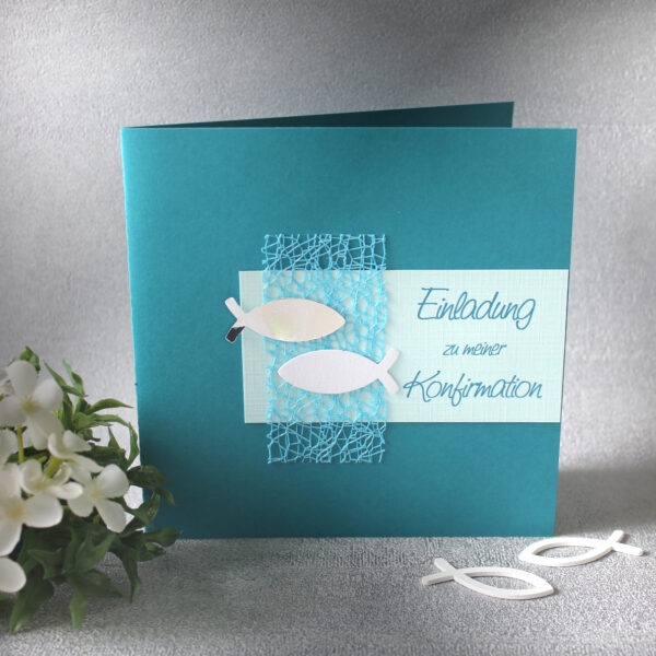 Bastelset DIY Einladung zur Konfirmation, Kommunion oder Firmung „türkis" incl. Umschlag Design K02