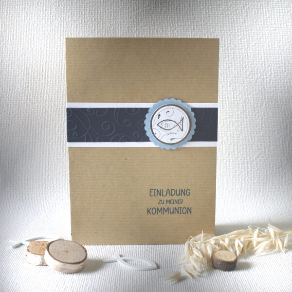 Bastelset DIY Einladung zur Konfirmation, Kommunion oder Firmung "Kraftkarton Fisch" incl. Umschlag Design K10
