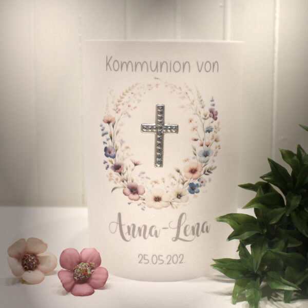 Lichthülle, Windlicht Pergament zur Taufe, Konfirmation oder Kommunion "Kreuz mit Blüten" Design K31 WL