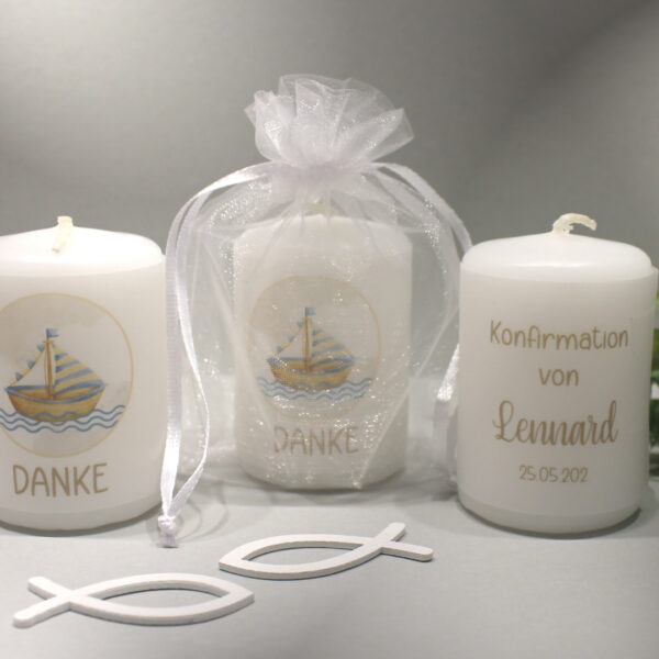 Gastgeschenk Kerze "Boot" im Organzasäckchen, zum kleinen Preis! Design K35 DK