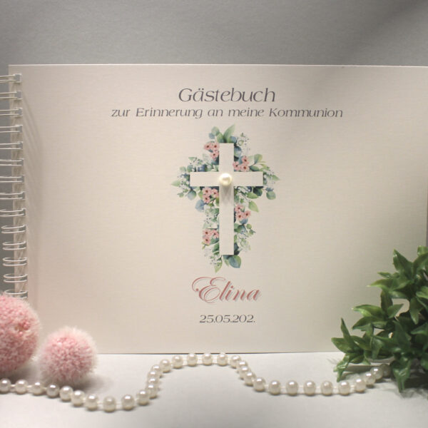 Gästebuch "Blütenkreuz" zur Konfirmation, Kommunion, Firmung oder Taufe zum kleinen Preis! Design K36 GÄ