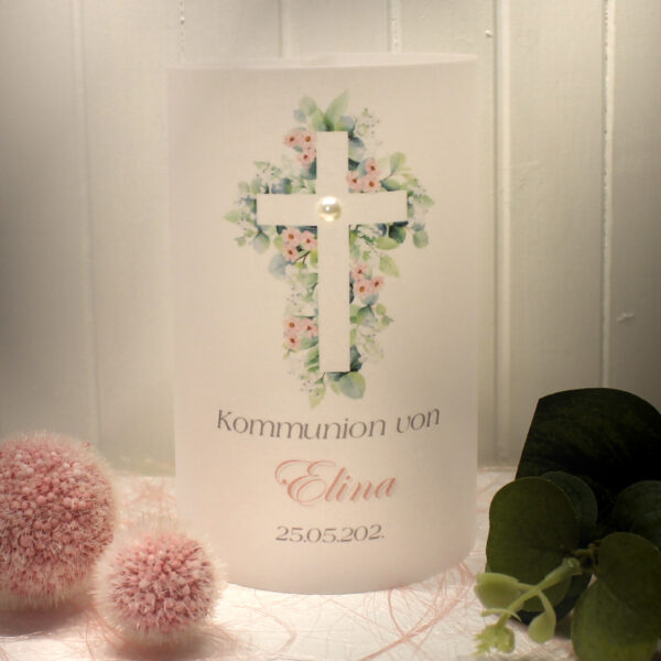 Lichthülle, Windlicht Pergament zur Taufe, Konfirmation oder Kommunion "Blütenkreuz" Design K36 WL