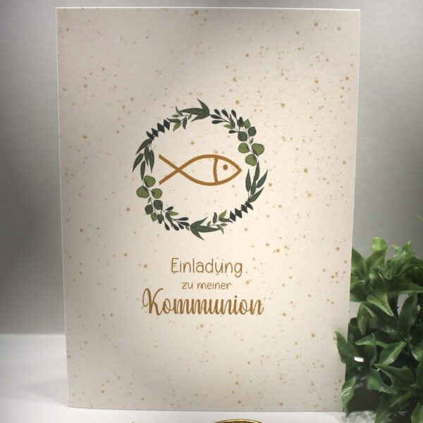 Einladungskarte "Kranz mit Fisch" zur Konfirmation-Kommunion-Taufe incl. Umschlag zum kleinen Preis! Design K37