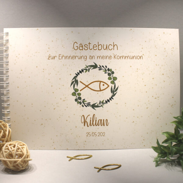 Gästebuch "Blätterkranz mit Fisch" zur Konfirmation, Kommunion, Firmung oder Taufe zum kleinen Preis! Design K37 GÄ