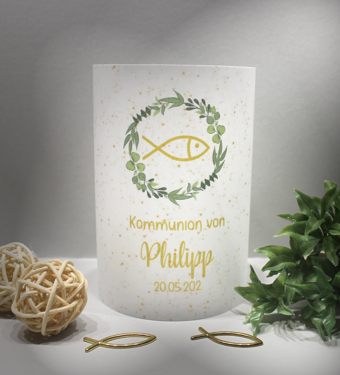 Lichthülle, Windlicht Pergament zur Taufe, Konfirmation oder Kommunion "Blätterkranz" Design K37 WL