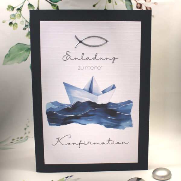 Einladungskarten "Schiff" zur Konfirmation, Kommunion oder Firmung incl. Umschlag zum kleinen Preis! Design K41 blau