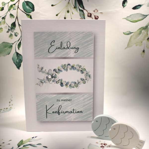 Einladungskarten zur Konfirmation-Kommunion-Firmung-Taufe incl. Umschlag zum kleinen Preis! Design K45 Eukalyptus Fisch