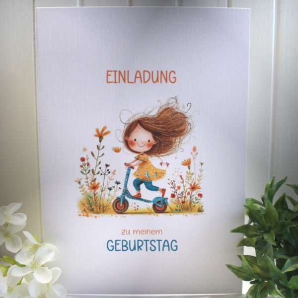 Einladungskarte zum Kindergeburtstag "Roller" Klappkarte incl. Umschlag und Innentext zum kleinen Preis Design KG 01