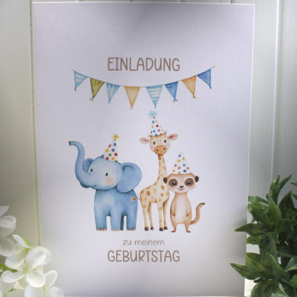 Einladungskarte zum Kindergeburtstag "Tiere" Klappkarte incl. Umschlag und Innentext zum kleinen Preis Design KG 03