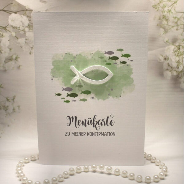 Menükarte zur Konfirmation, Kommunion oder Taufe „grün" Design K30