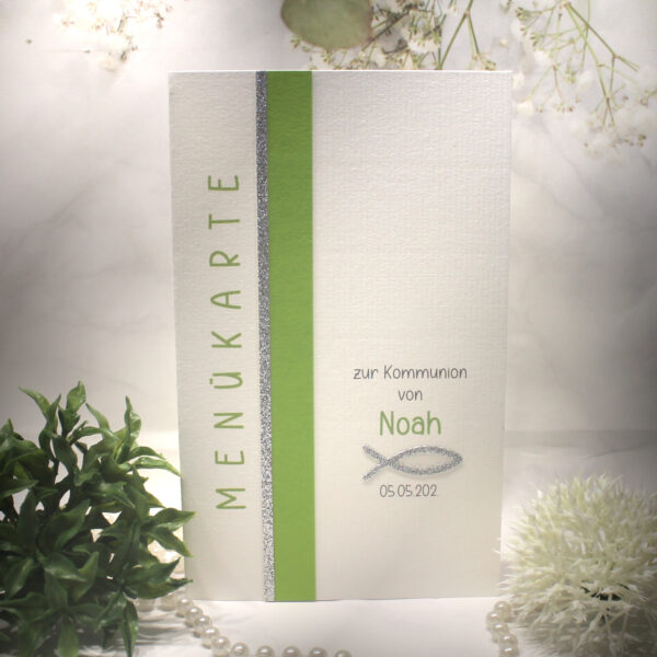 Bastelset DIY "grün" Menükarte zur Konfirmation, Kommunion oder Taufe Design K18