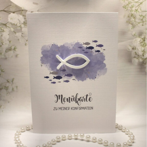 Menükarte zur Konfirmation, Kommunion oder Taufe „lila" Design K30