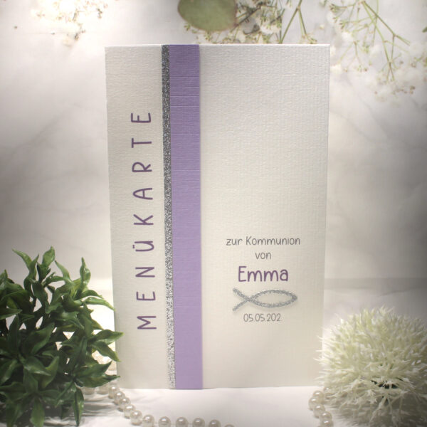 Bastelset DIY "lila" Menükarte zur Konfirmation, Kommunion oder Taufe Design K18
