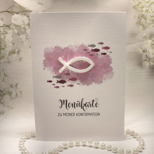 Menükarte zur Konfirmation, Kommunion oder Taufe „rosa" Design K30