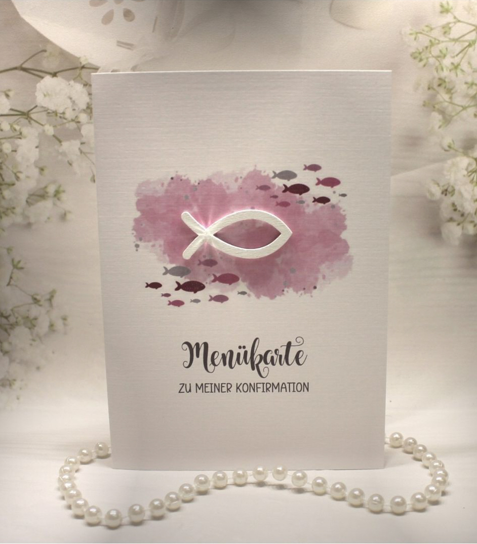 Menükarte zur Konfirmation, Kommunion oder Taufe „rosa" Design K30