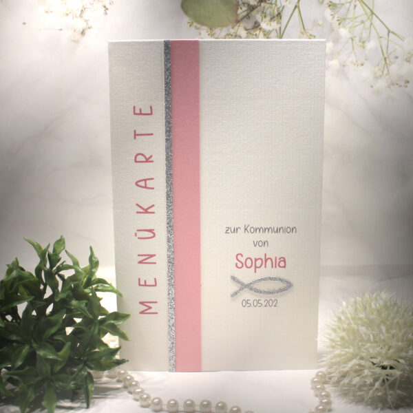 Bastelset DIY "rosa" Menükarte zur Konfirmation, Kommunion oder Taufe Design K18