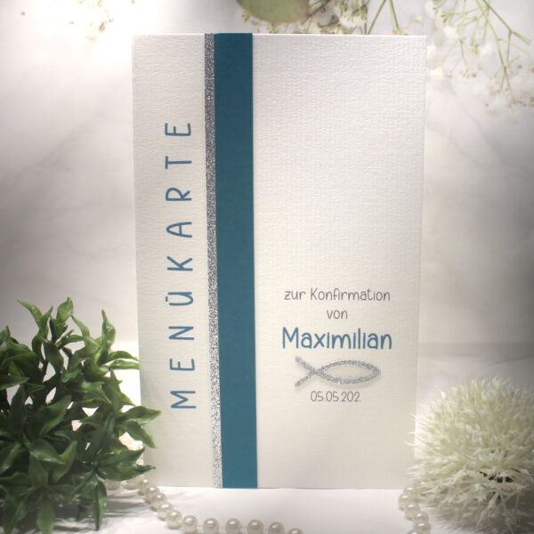 Bastelset DIY "türkis" Menükarte zur Konfirmation, Kommunion oder Taufe Design K18