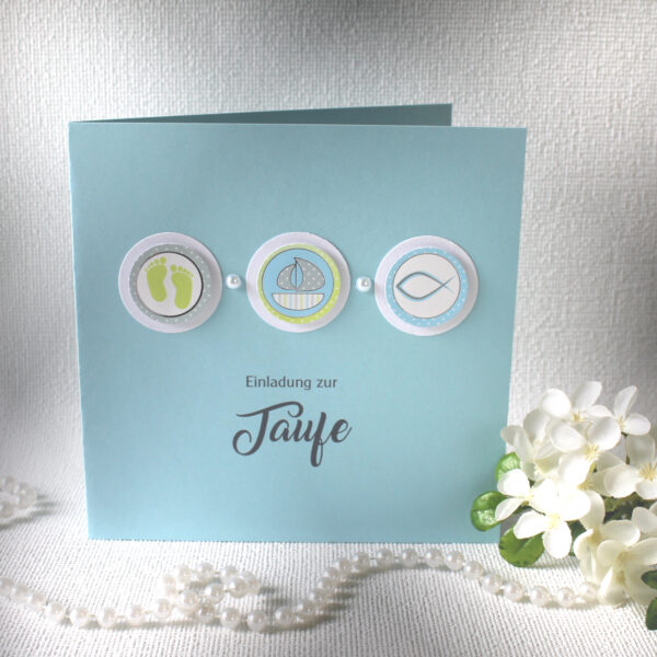 Bastelset DIY Einladung zur Taufe "3 Symbole" hellblau, hochwertige Qualität incl. Umschlag & Einlegeblatt Design TA03