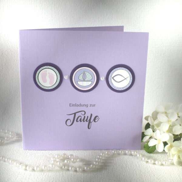 Bastelset DIY Einladung zur Taufe "3 Symbole" flieder, hochwertige Qualität incl. Umschlag & Einlegeblatt Design TA03