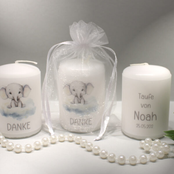 Gastgeschenk Kerze zur Taufe "kleiner Elefant" im Organzasäckchen, zum kleinen Preis! Design TA10