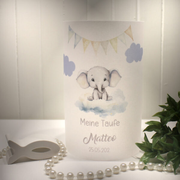 Lichthülle, Windlicht Pergament zur Taufe "Elefant" personalisiert Design TA10 WL