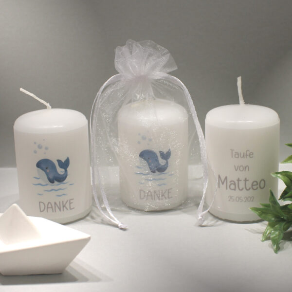 Gastgeschenk Kerze zur Taufe "kleiner Wal" im Organzasäckchen, zum kleinen Preis! Design TA11