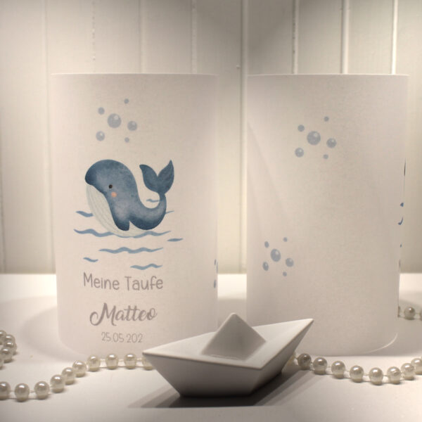 Lichthülle, Windlicht Pergament zur Taufe "Wal" personalisiert Design TA11 WL