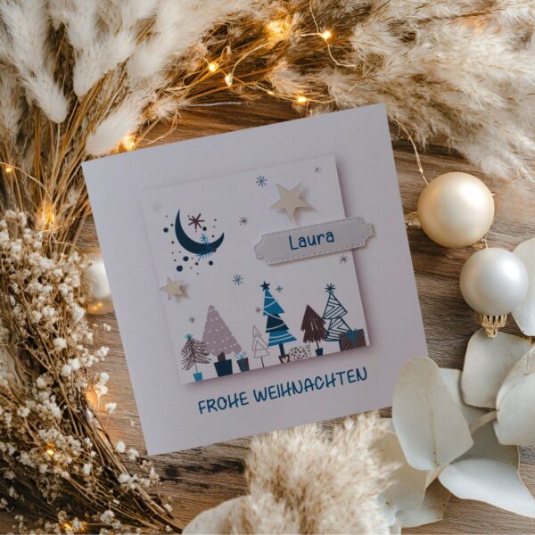 Weihnachtskarte Bäume türkis mit Personalisierung und auf Wunsch als Geldgeschenk Design W300