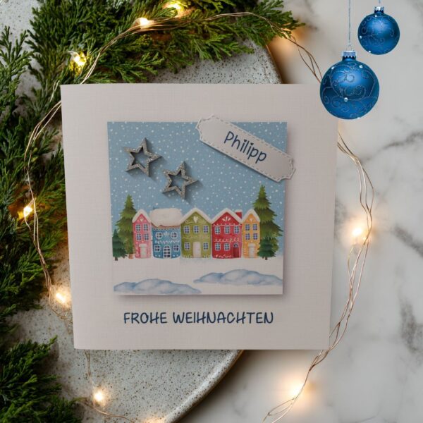 Weihnachtskarte Häuser mit Personalisierung und auf Wunsch als Geldgeschenk Design W301
