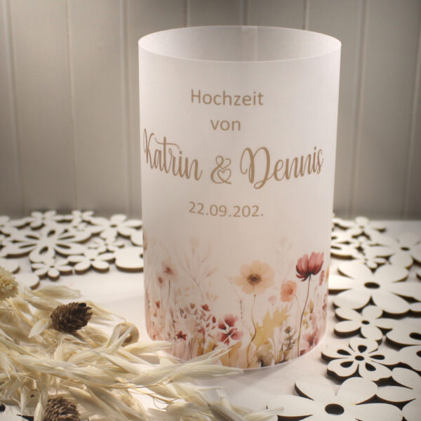 Lichthülle, Windlicht Pergament "Wiese" für viele Anlässe wie Hochzeit, Konfirmation, Taufe, Geburtstag... personalisiert Design 420