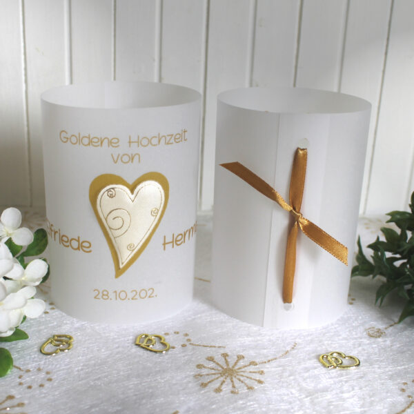 Lichthülle, Windlicht Pergament zur Goldenen Hochzeit, zum kleinen Preis!! Design 951 Satinherz mit goldenen Kringeln
