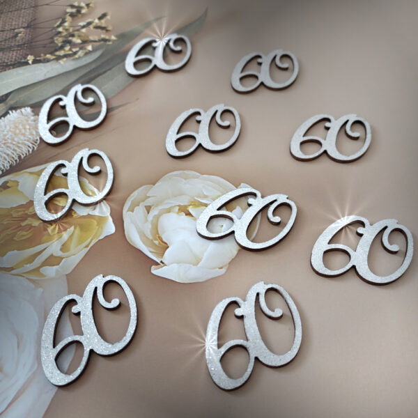 Holz-Zahl 60 – silber glitzernd 10 Stück Design 29