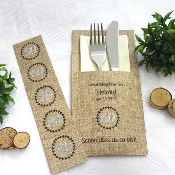 Bestecktasche Leinenoptik zum Geburtstag personalisiert 50-60-70-80-90 Design 7200