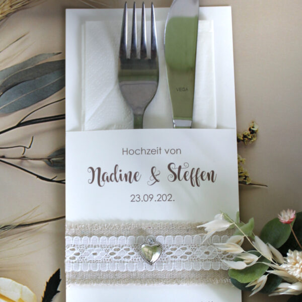 Bestecktasche zur Hochzeit "Leinenband mit Herz", personalisiert Design 421