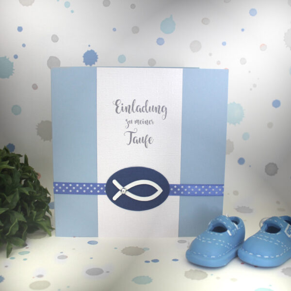 Bastelset DIY Einladung zur Taufe "Fisch" hellblau, hochwertige Qualität incl. Umschlag & Einlegeblatt Design TA01