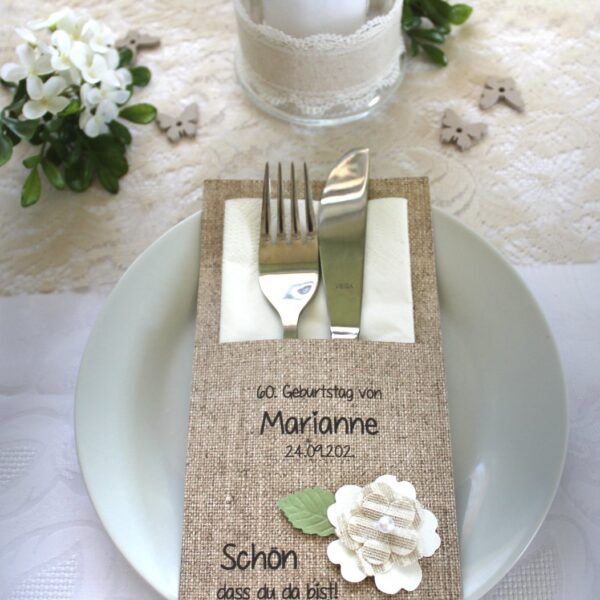 Bestecktasche Leinenoptik zum Geburtstag "Blüte" personalisiert Design 7203