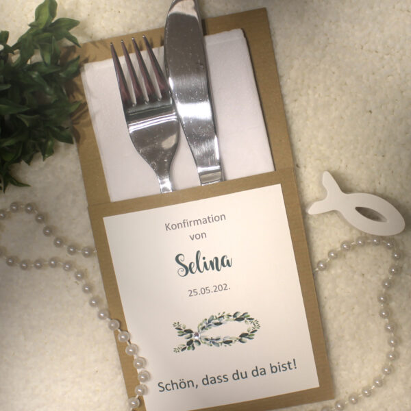Bestecktasche "Eukalyptus Fisch" zur Konfirmation, Kommunion oder Taufe personalisiert, Design 322